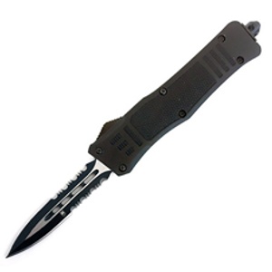 Small 2.75" Dagger SL/2 Side Part Serrated Blk Hnd Double Edged, OTF, D2 Steel, Hard Plastic case, Nylon Pouch