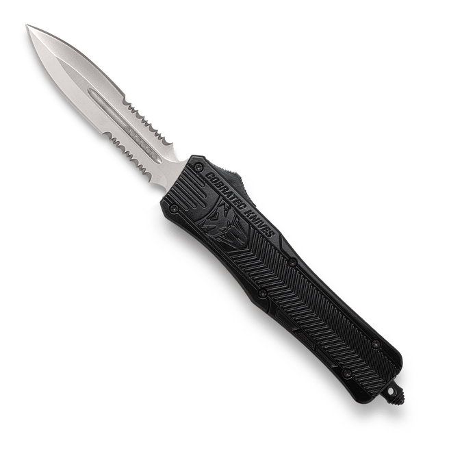 Medium 3" Dagger SL/2 Side Part Serrated Blk Hnd Double Edged, OTF, D2 Steel, Hard Plastic case, Nylon Pouch
