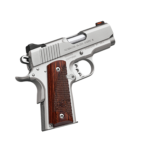 Stainless Ultra Carry II 9mm, 3", SS Pistol, Fiber Optic Front, Low Profile Rear Sights, 8rd Magazine, Rosewood Grips