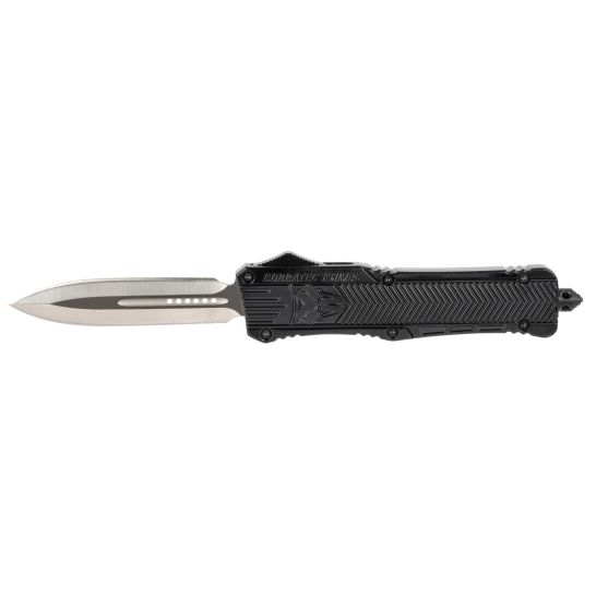 Large 3.9" Dagger SL/Plain Edge Black Handle Double Edged, OTF, D2 Steel, Hard Plastic case, Nylon Pouch