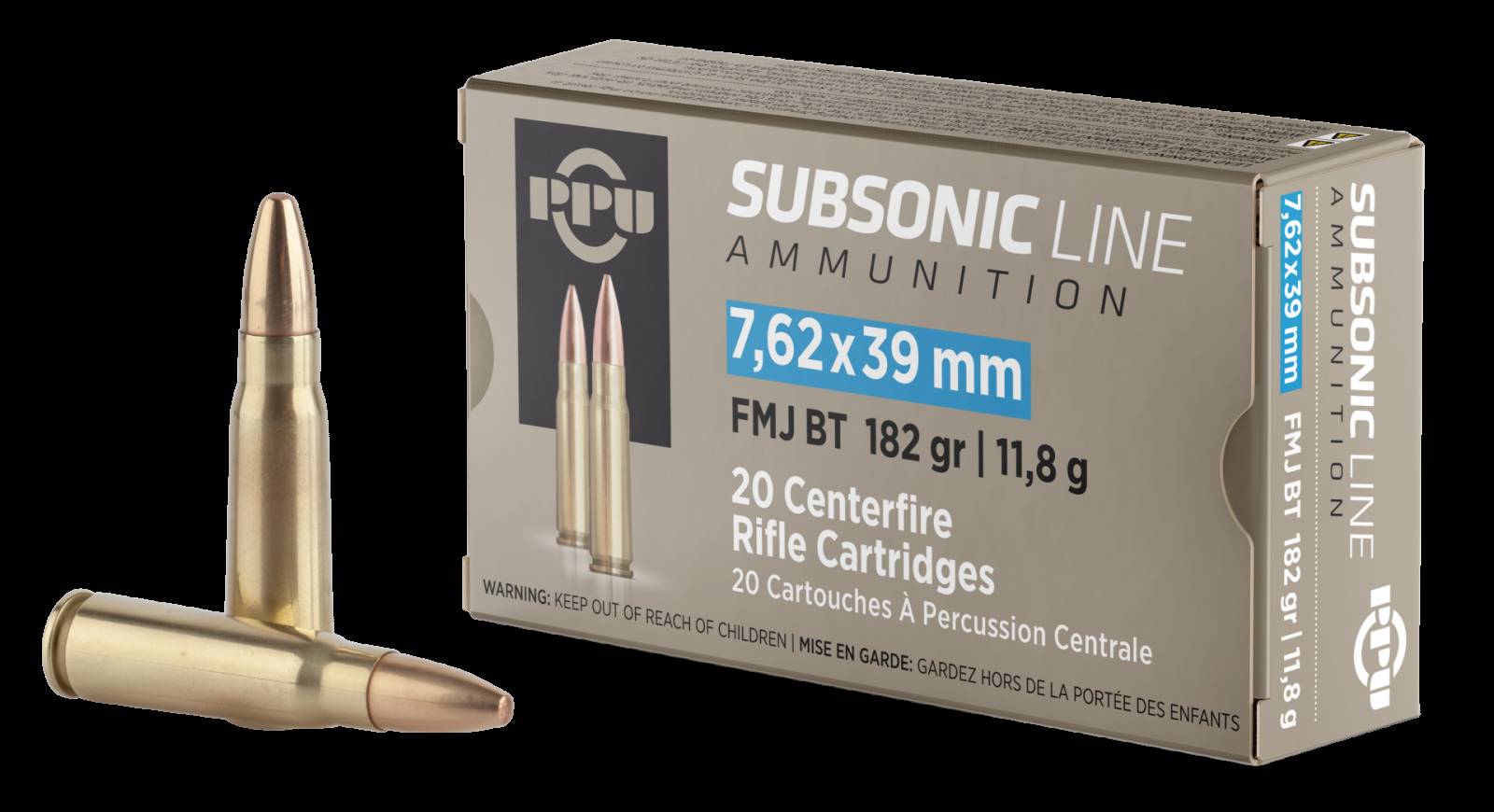 PPU Subsonic 7.62x39mm 182gr FMJ Rifle Ammunition