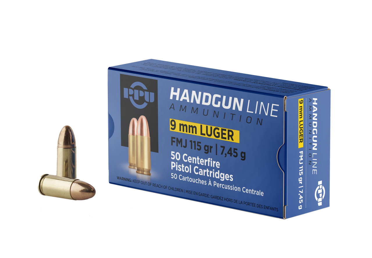 PPU PPH9F1 9mm Luger 115gr FMJ Handgun Ammunition (50 Rounds)