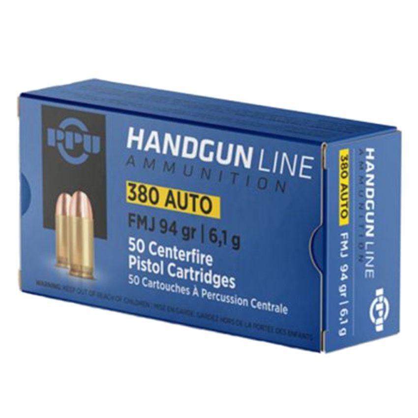 PPU .380 ACP 94gr FMJ 50-Round Box Handgun Ammunition
