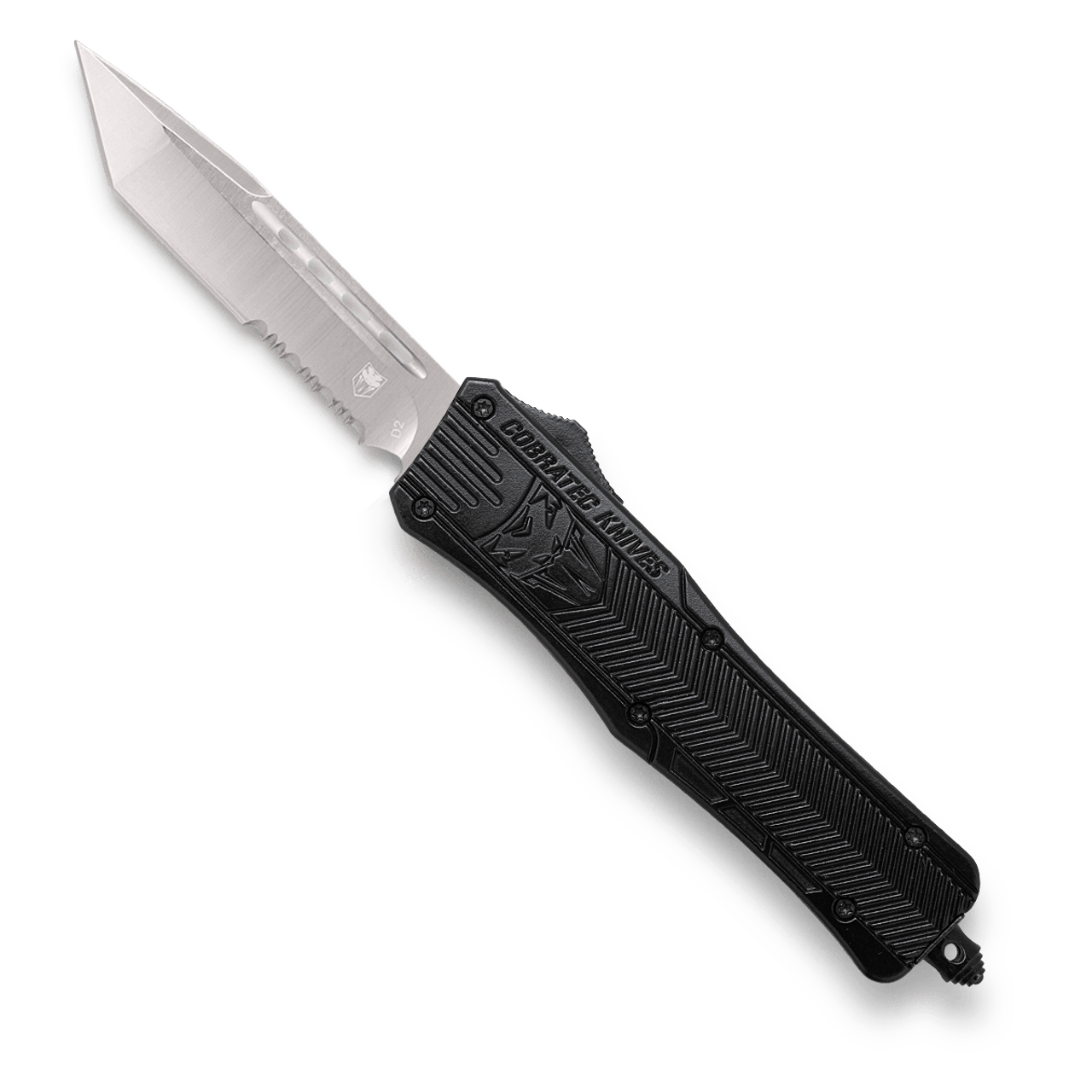 Medium 3" Tanto SL/Part Serrated Black Handle OTF, D2 Steel, Hard Plastic case, Nylon Pouch