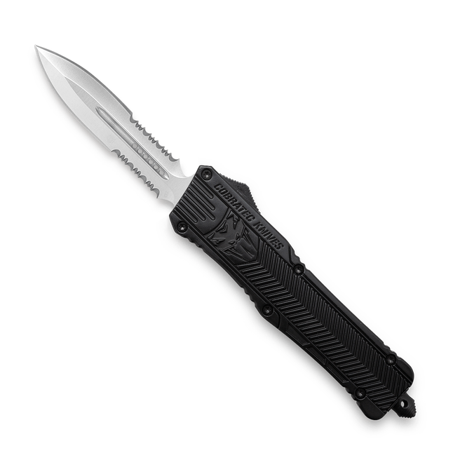 Large 3.9" Dagger SL/2 Side Part Serrated Blk Hnd Double Edged, OTF, D2 Steel, Hard Plastic case, Nylon Pouch
