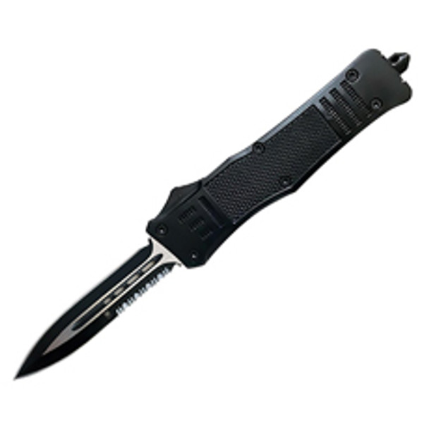 Large 3.9" Dagger SL/1 Side Part Serrated Blk Hnd Double Edged, OTF, D2 Steel, Hard Plastic case, Nylon Pouch