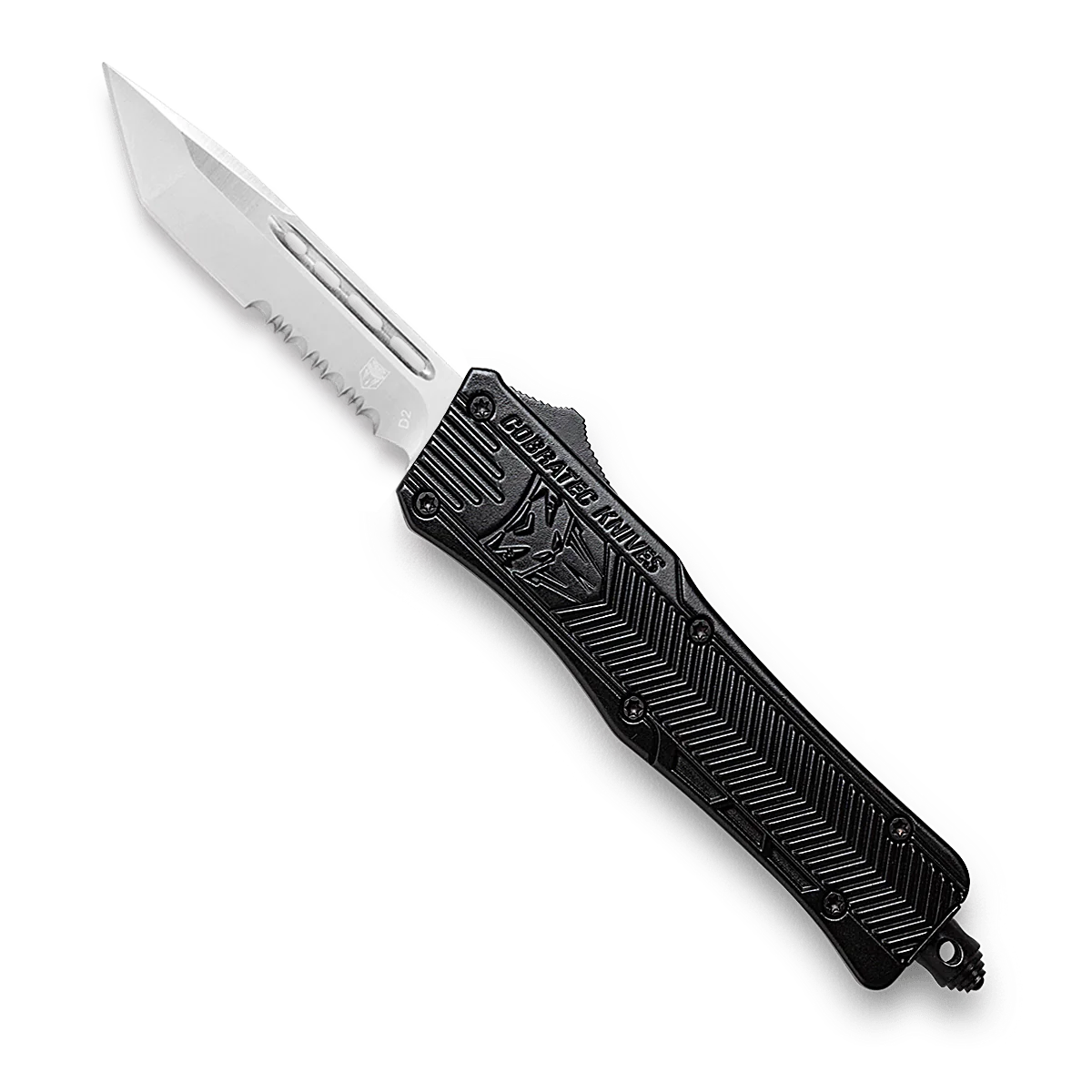 Small 2.75" Tanto SL/Part Serrated Black Handle OTF, D2 Steel, Hard Plastic case, Nylon Pouch