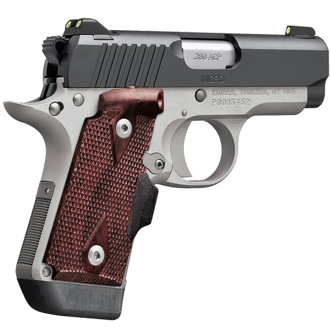 Micro .380ACP, 2.75", 2 Tone Pistol, White Dot Sights, 7rd Magazine, Rosewood laser grips, Black Slide/Silver Frame