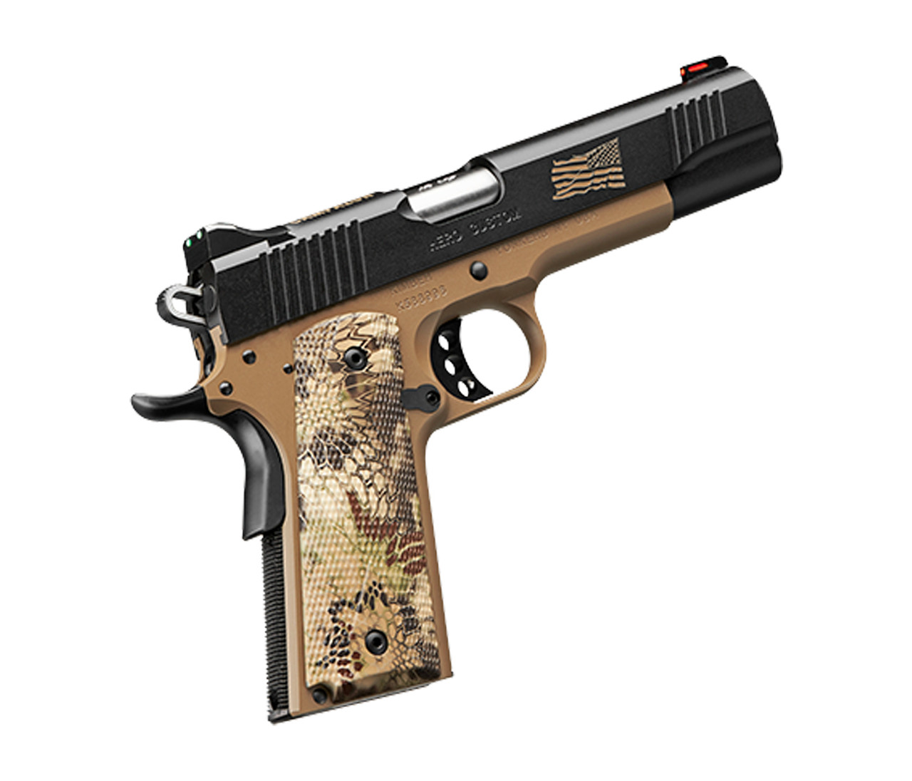 Hero Custom .45ACP, 5", Two Tone Pistol, Green & Red Fiber Optic Sights, 7rd Magazine, Composite Kryptek Highlander grips, Desert Tan Frame/Black Slide, USA Flag Engraving on Slide
