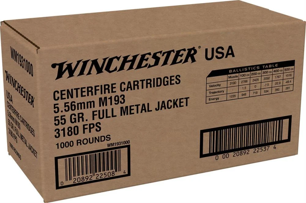 Winchester USA Lake City M193 5.56 NATO FMJ Rifle Ammo - 55 gr (1000rd)