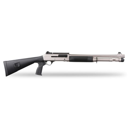 Panzer Arms M4 Marine Tactical 12ga ARGO Piston Driven Semi Auto; Nickel; 18.5" Barrel; Standard Butt Stock; Electroless Nickel Phosphorus Plating finish; Extended Mag Tube with Sling Attachment points; Ghost Ring Sights; Rail; 5rd