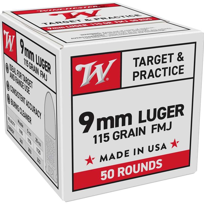 Winchester USA 9mm Luger 115 Grain FMJ Ammunition