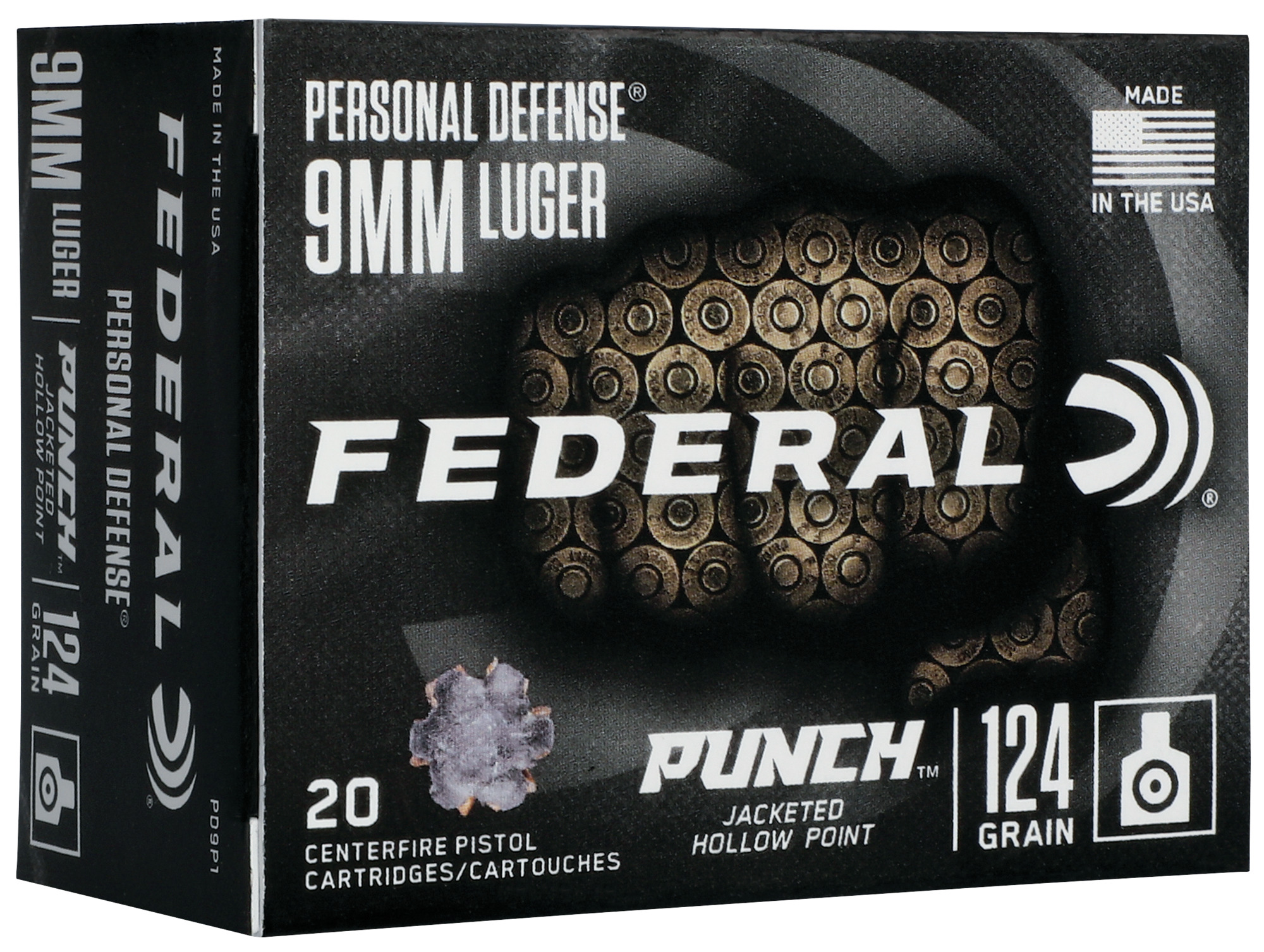 Federal Premium Punch PD9P1 9mm 124 Grain JHP Defensive Ammo (20 Rounds/Box, 10 Boxes/Case)
