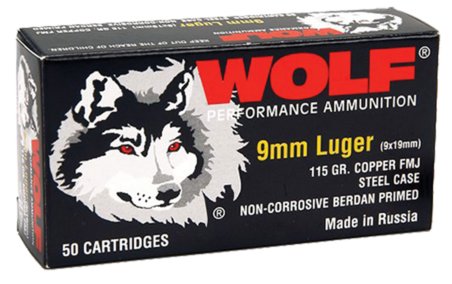 WOLF AMO 9MM 115GR FMJ STEEL CASE 50-RD BOX (20 BOXES PER CASE)