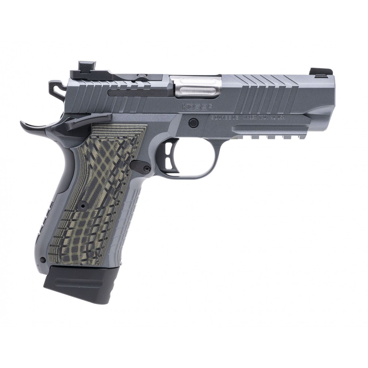 Kimber KDS9c 9mm 4" KimPro Gray Rail Optic Cover Plate w/ Dovetailed Rear TruGlo Night Sight & Accompanying Front Night Sight; Stainless Slide w/ Front & Rear Cocking Serrations; Black/ODG Crosshatch G-10 Grips; 1x18 & 1x15rd Mags