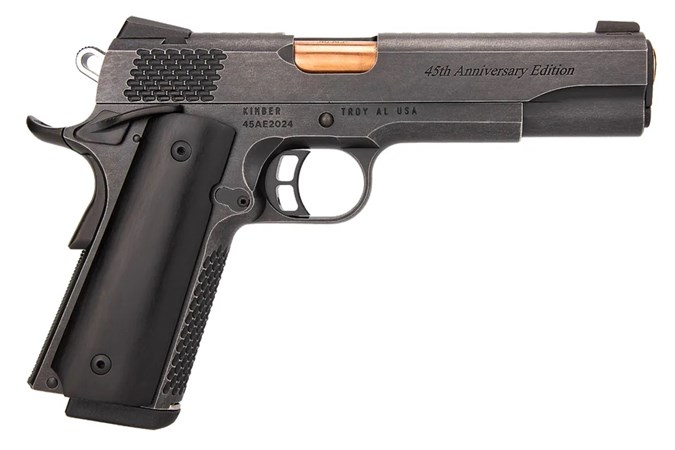 KIMBER 1911 .45ACP 45TH ANNIVERSARY 5" STAINLESS STEEL FRAME/SLIDE W/ DISTRESSED BLUING; 45TH ANNIVERSARY ENGRAVING; ROSE COPPER TiN W/ DEEP CROWN BARREL; WEDGE TACTICAL NS REAR SIGHT; TACTICAL NS FRONT SIGHT; SMOOTH DISTRESSED BUFFALO HORN GRIPS; 2X8RD TAC-MAGS