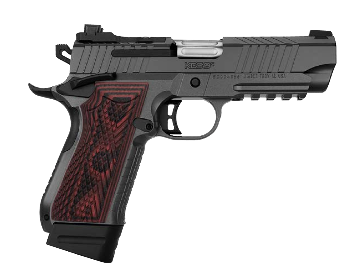 Kds9C 9mm Gray, Red/Black 4.09" 18rd Rail Gray, Red/Black G10 Grip; TruGlo Night Front Optic Cover Plate w Dovetail Rear Front & Rear Serrations
