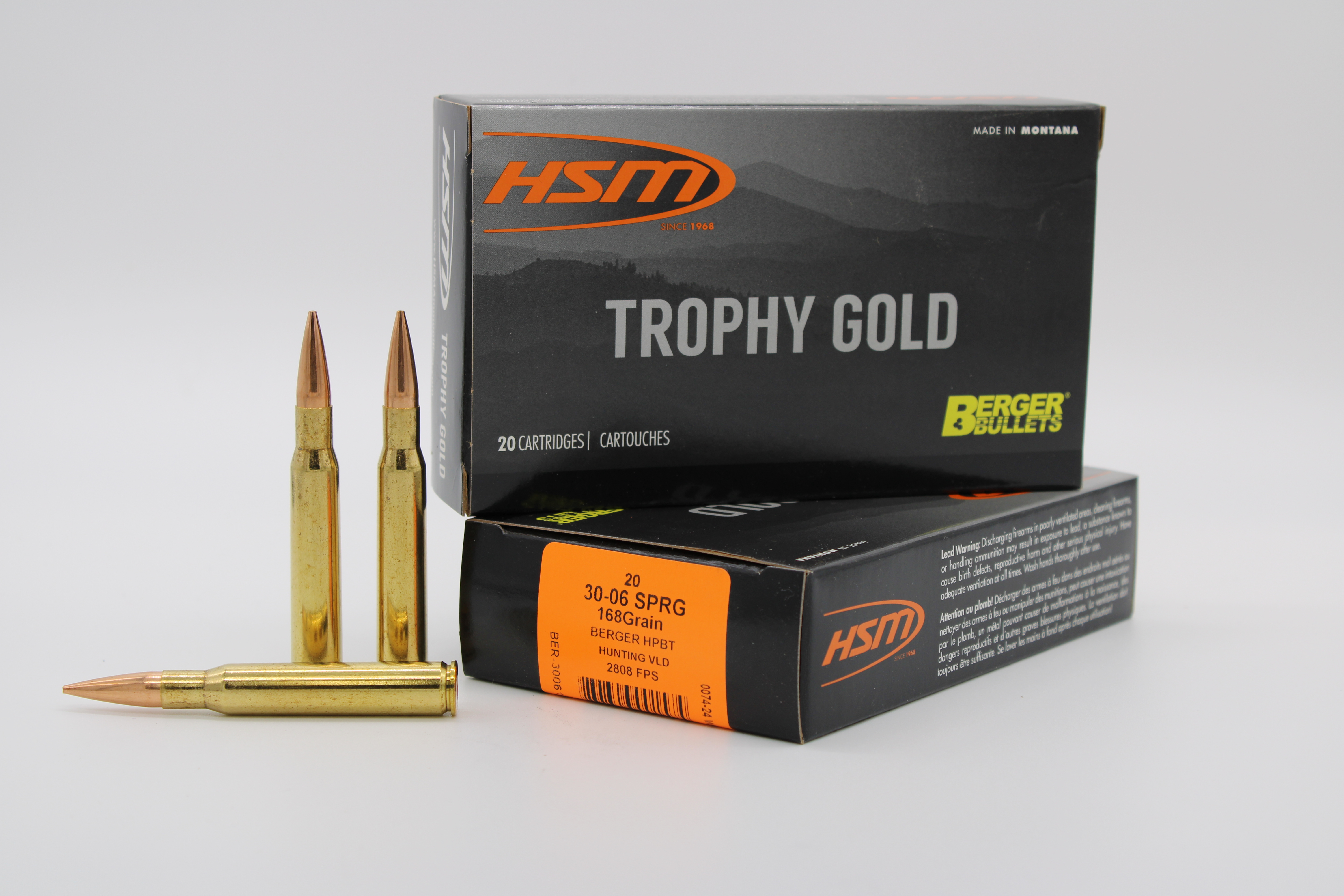 HSM Trophy Gold .30-06 Springfield 168 gr Berger VLD Hunting Match Ammo