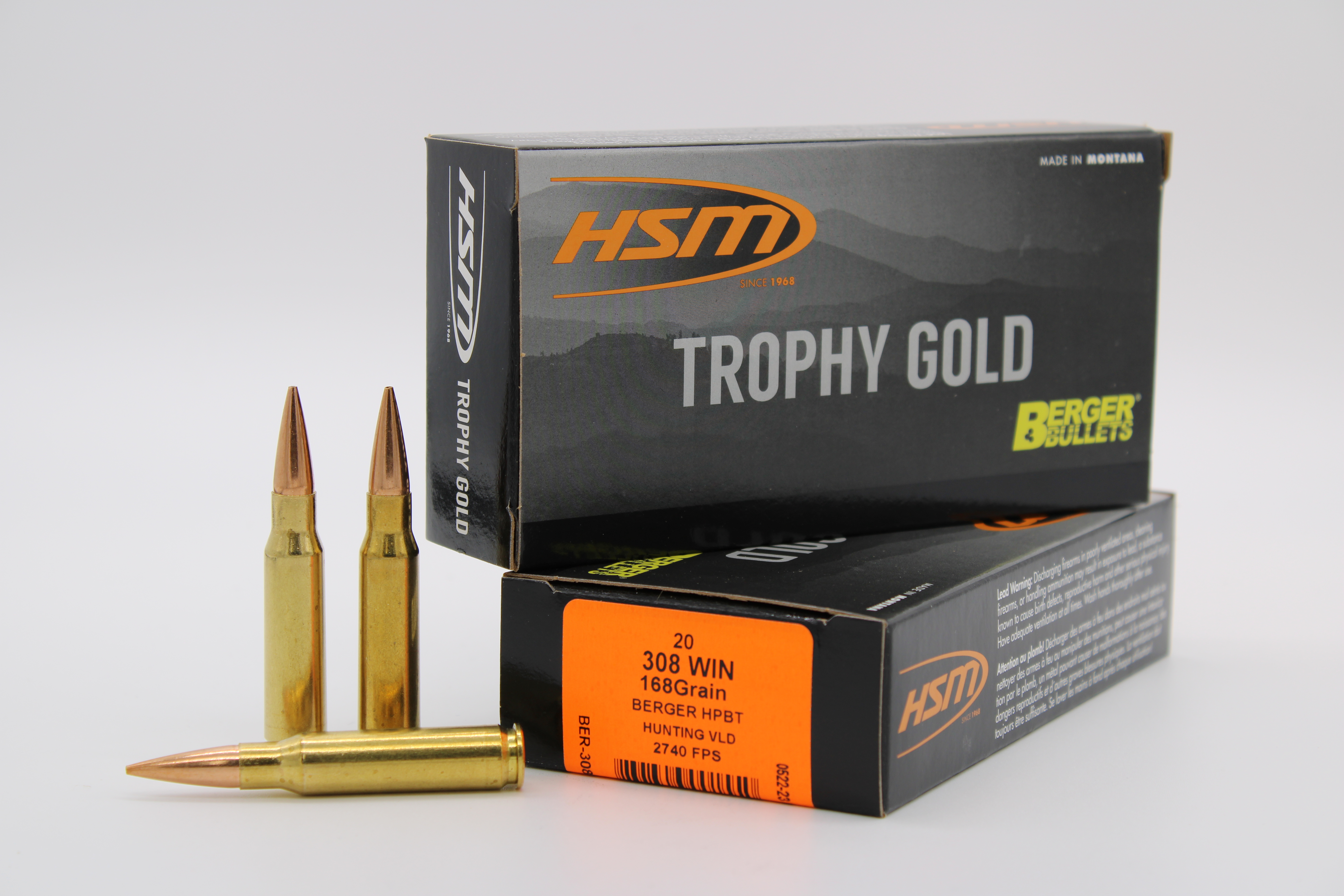 HSM Trophy Gold 308 Win 168 gr Berger VLD Match Hunting Rifle Ammunition (20 rds)
