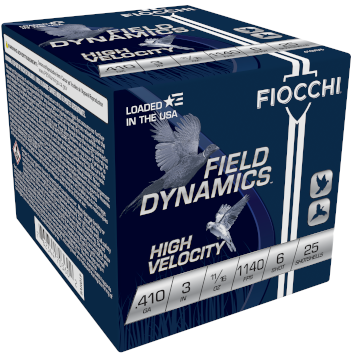 Fiocchi Field Dynamics High Velocity Hunting Loads .410 Bore 3 in 11/16 oz #6 Lead Shot (25 Rounds)