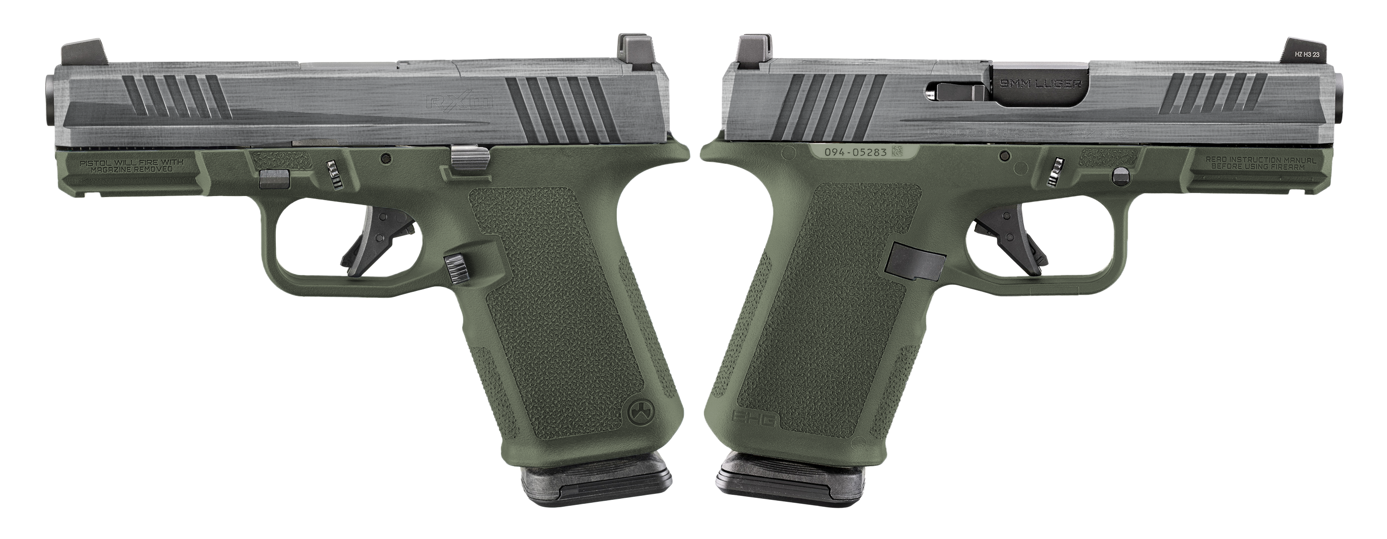 RUGER RXM 9MM PISTOL 4" CRUSHED SILVER BATTLE WORN/GREEN O.R. 2-15RD MAGS - ORION EXCLUSIVE