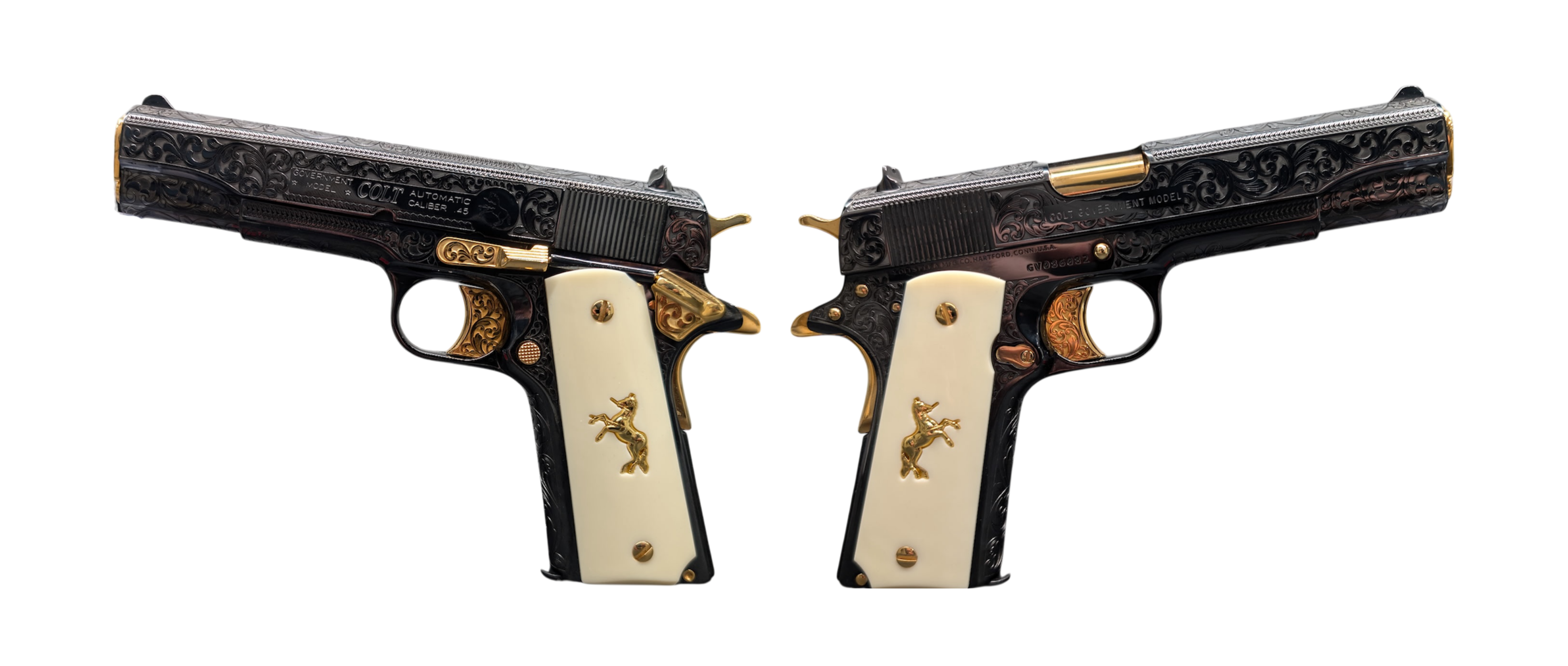 COLT 1911 GOVT 45ACP DEEP ENGRAVED, GOLD PLATED, IVORY GRIP, UPGRADED ENGRAVED TRIGGER 5" 7+1 BLUED