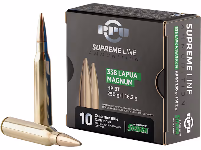 PPU .338 LAPUA MAGNUM SUPR HPBT 250G 10 RD BOX 20 BOXES PER CASE