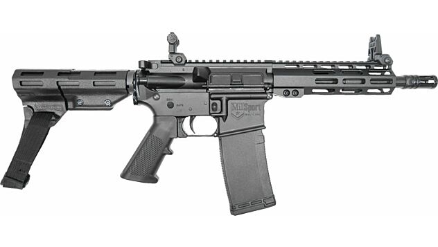 Milsport 300 BO 8.5" Pistol 7" Mlok rail 30Rd. Flip up sights Rear arm brace