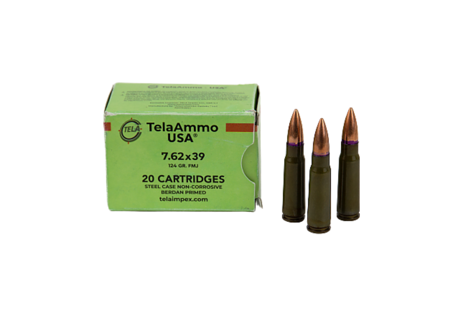 TELA AMMO USA 7.62x39 124gr FMJ steel core non-corrosive ammo