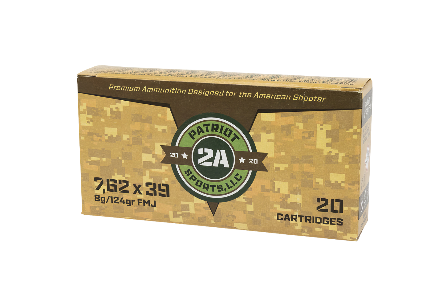 Patriot Sports 7.62x39mm 124 Grain FMJ Brass Non-Corrosive (20rd Box, 800rd Case)